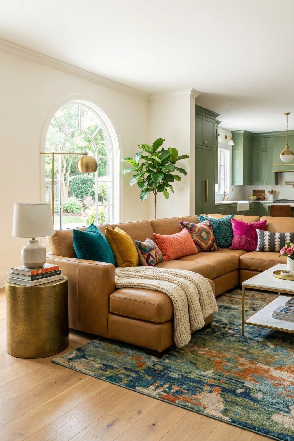 Brown leather sectional sofa with vibrant teal, yellow, orange, and magenta throw pillows.