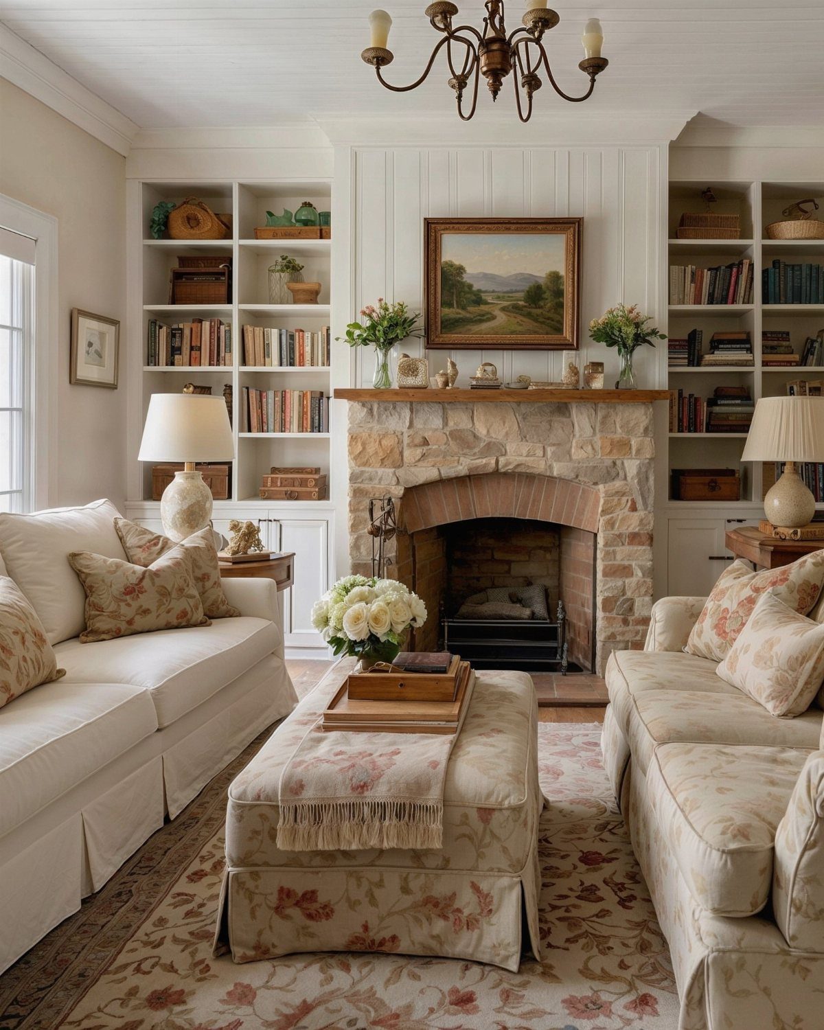 Two cream floral sofas facing each other across an ottoman in a cozy living room.