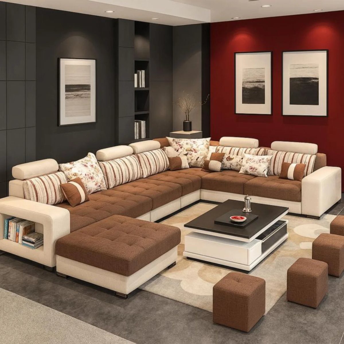 L-shaped brown and cream sectional sofa in a modern living room with red wall