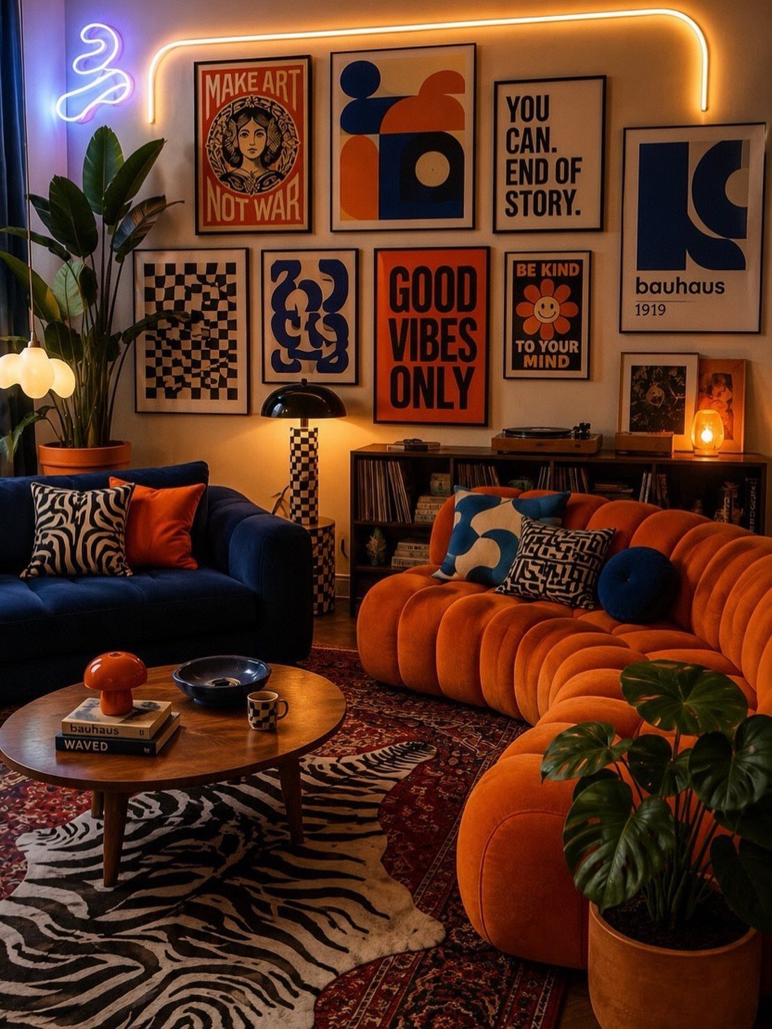 Curved orange and blue sofas arranged around a zebra-print rug and coffee table.