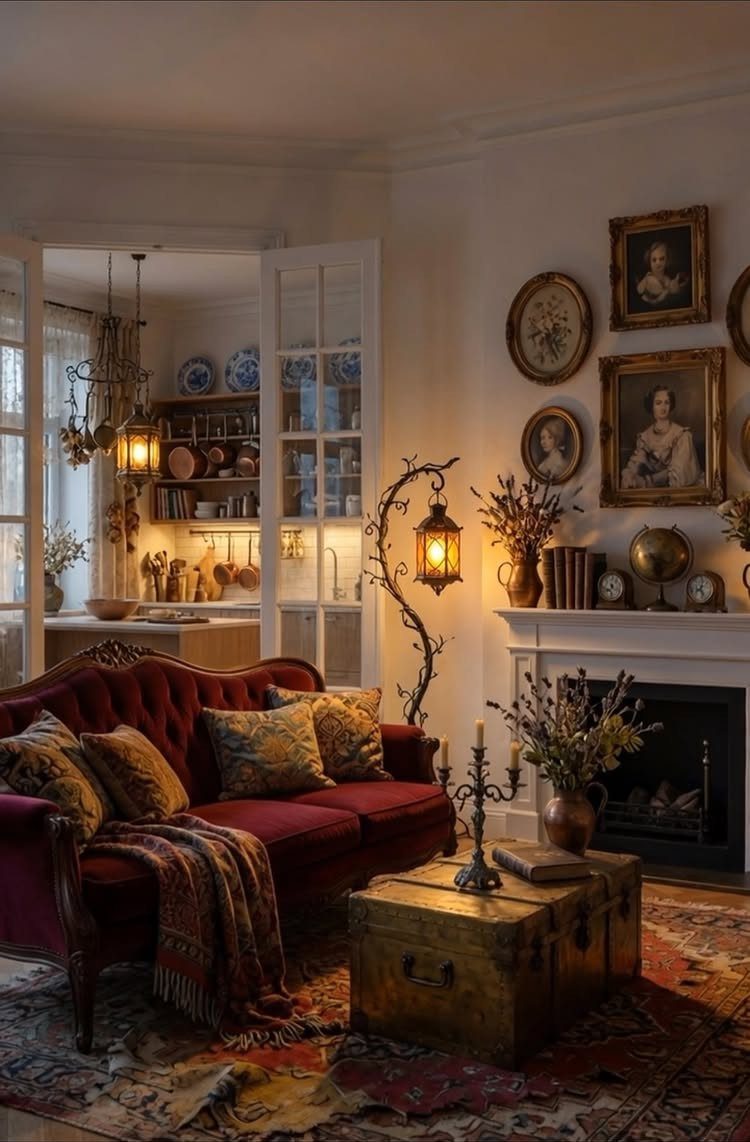 Red velvet couch in a vintage room with framed portraits on the wall.