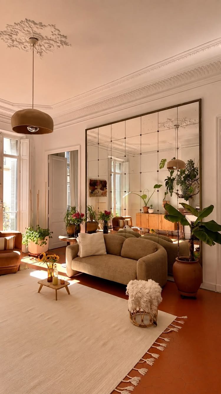 Beige curved sofa positioned in front of a large grid mirrored wall decor.
