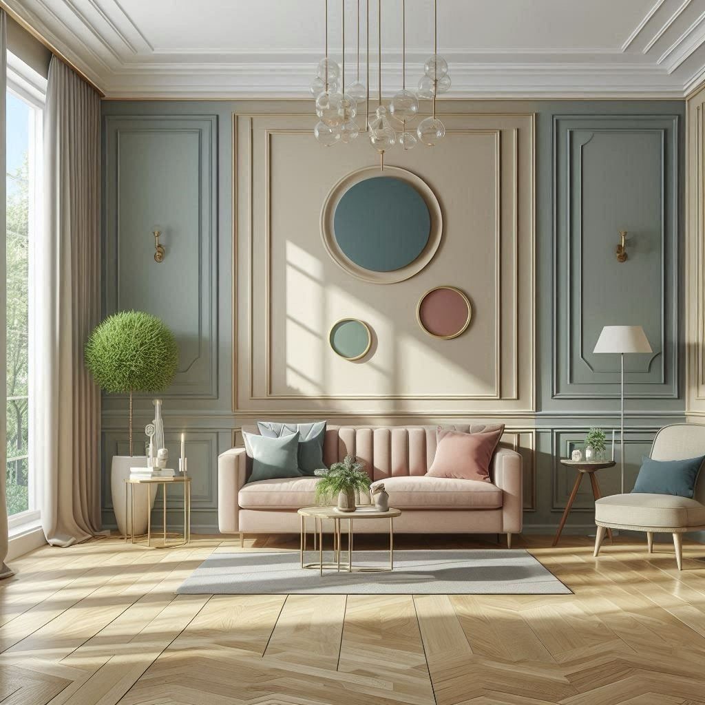Pink sofa in a living room with blue and beige wall molding panels.
