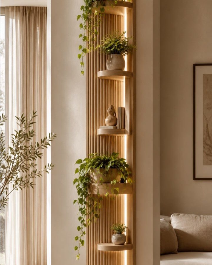 Wooden slat wall with floating shelves, green plants, and warm integrated LED lighting.