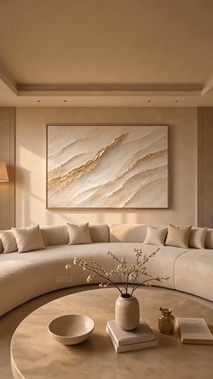 Large abstract gold and beige painting hanging above a curved cream sofa.