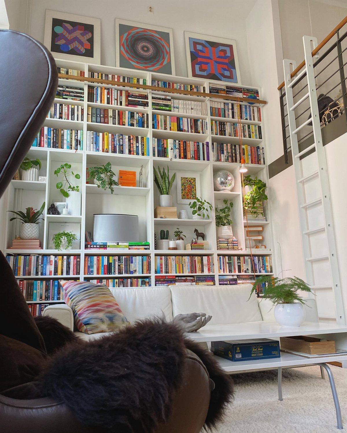 Tall white bookshelves filled with books and plants in a bright living room