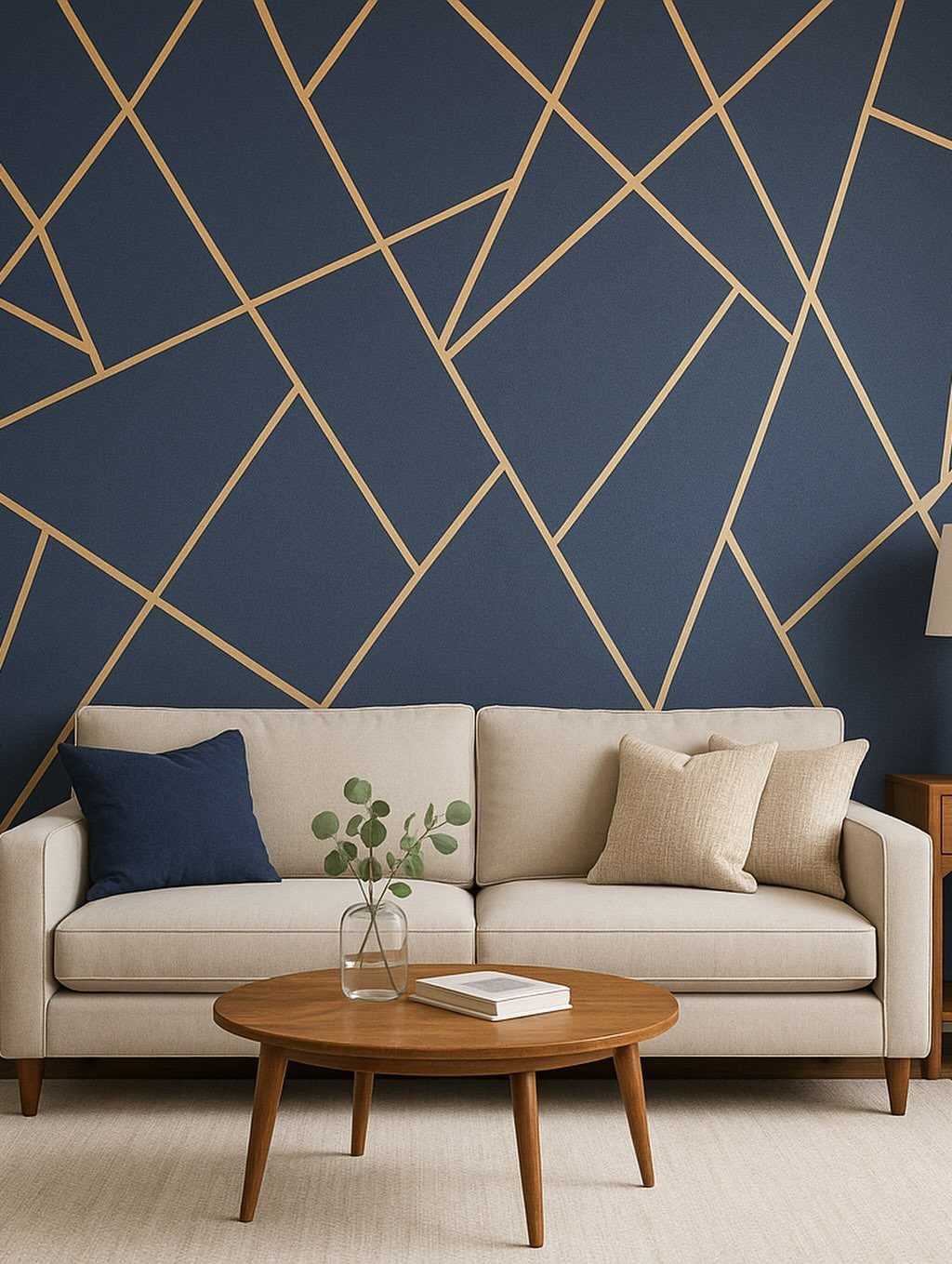 Navy blue wall with gold geometric lines behind a beige living room sofa