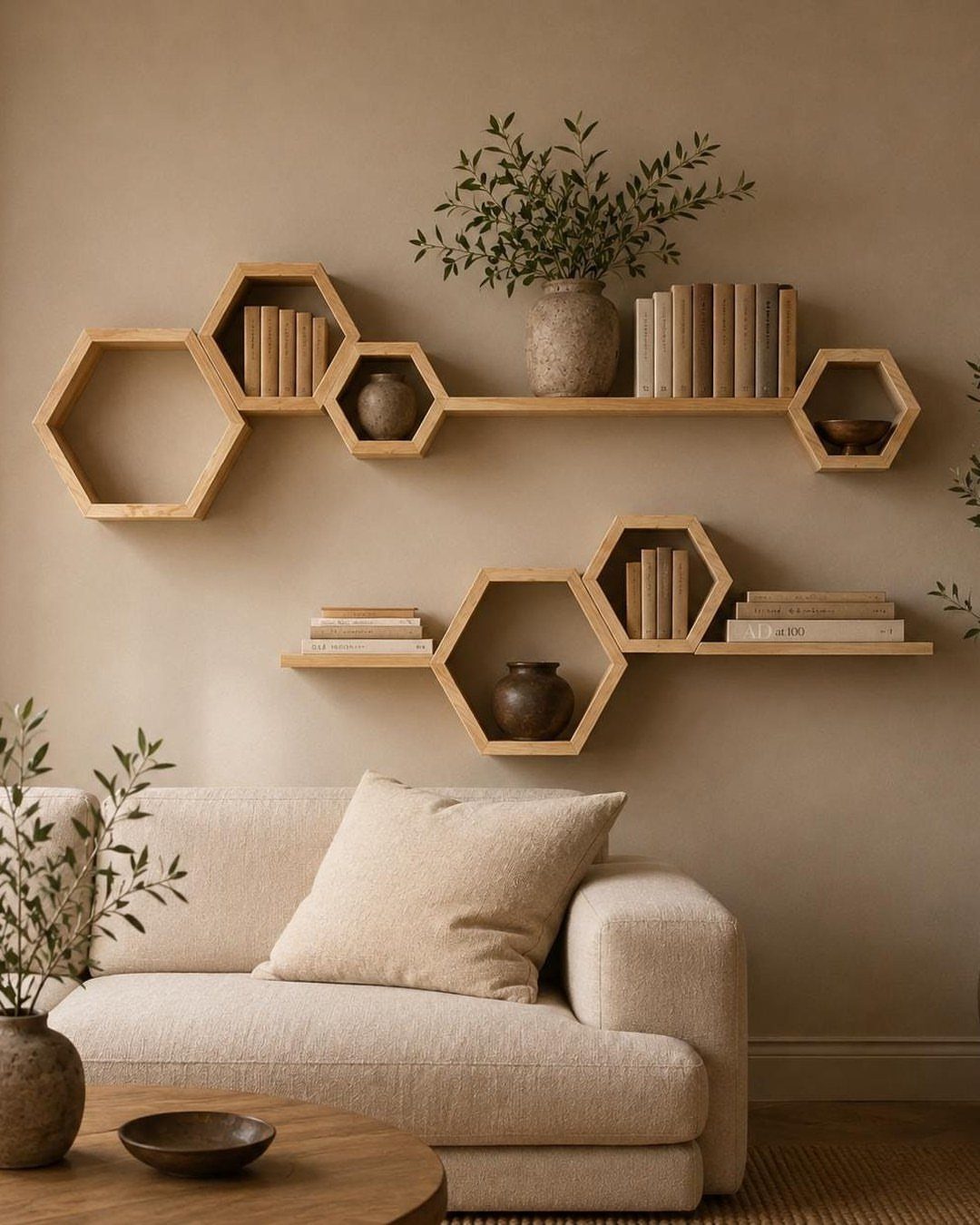 Wooden hexagonal floating shelves with books and plants above a cream sofa.