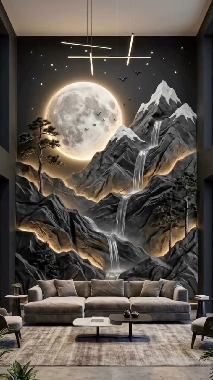 Large mountain and moon mural hanging on the wall over a grey sectional sofa