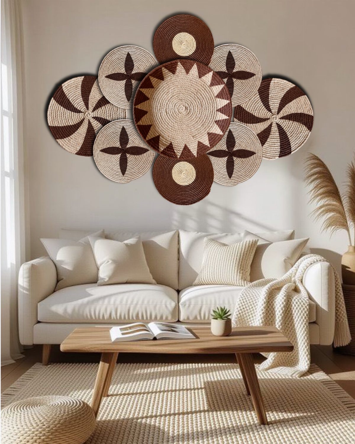 Woven baskets in brown and beige patterns arranged on a wall above a sofa.