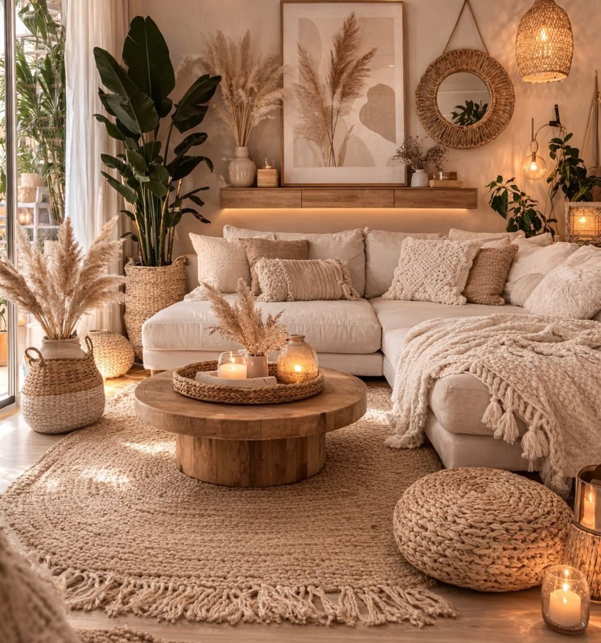White sectional sofa in a bohemian living room with jute rugs and pampas grass.